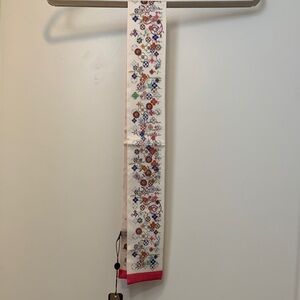 Silk Scarf Twilly with Colorful Floral Motif - Pink Trim